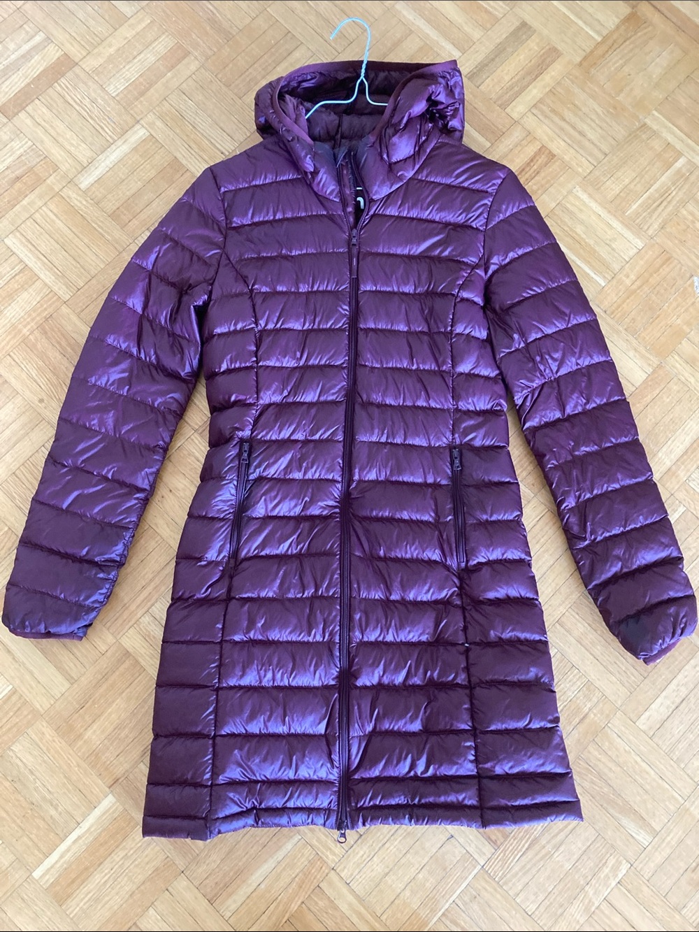 TNA Long Hooded Puffer Coat in Plum